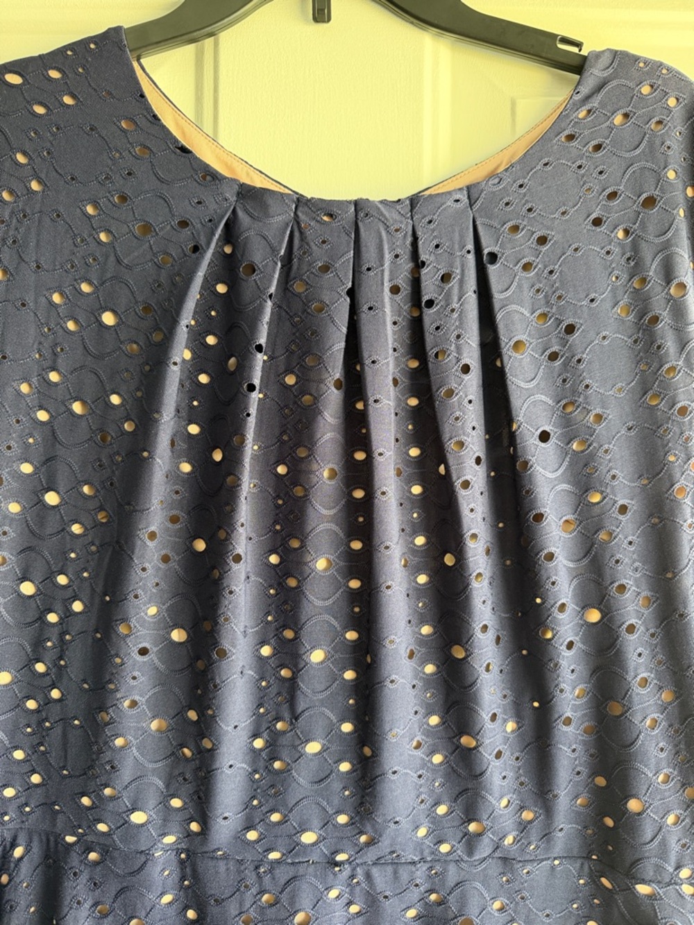 Navy Eyelet A-Line Dress with Nude Underlay - Picture 2 of 8